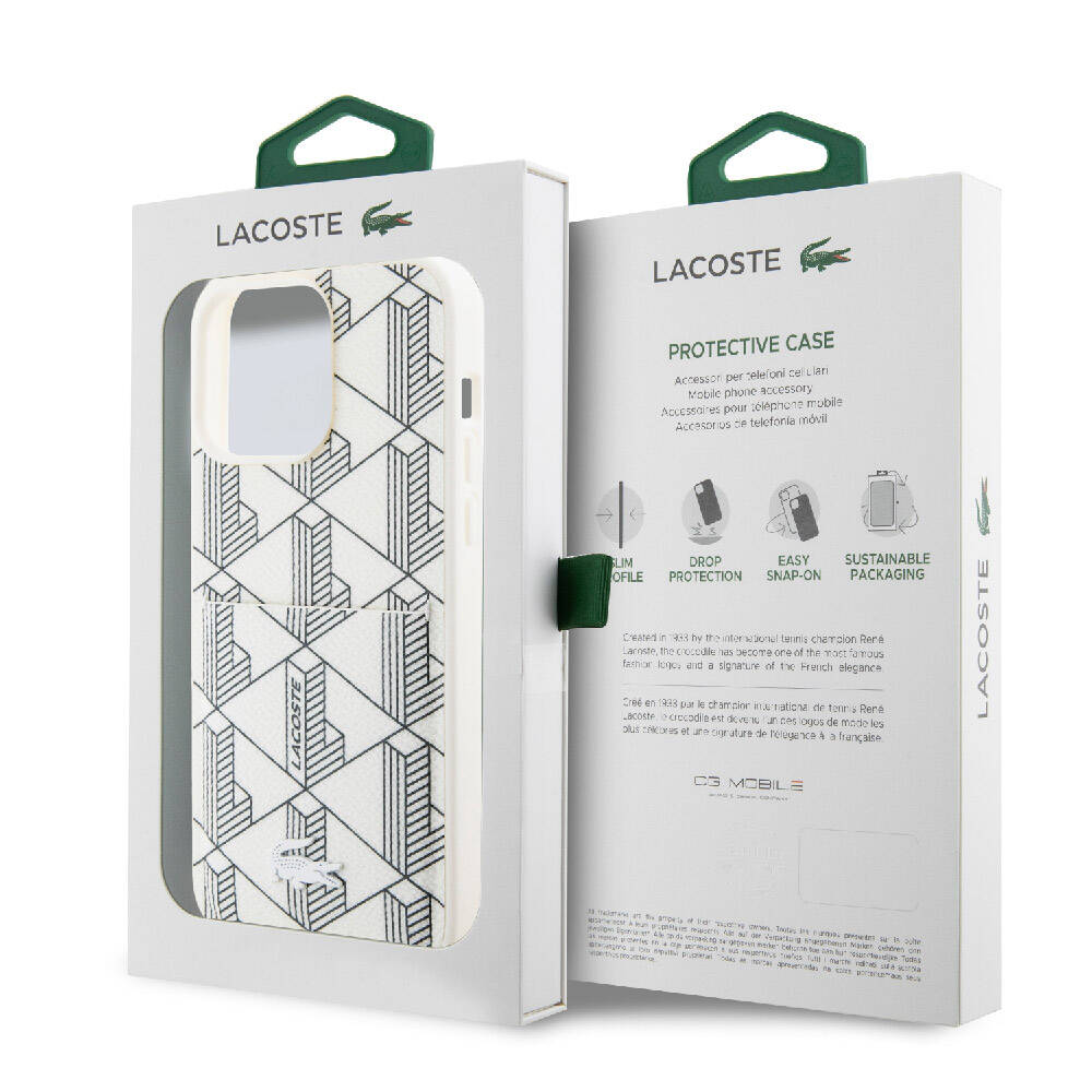 iPhone 15 Pro Max Kılıf Lacoste orijinal Lisanslı M-safe Şarj Özellikli PU Deri Görünümlü Kartlıklı Karışık Monogram Desenli Kılıf