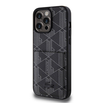 iPhone 15 Pro Max Kılıf Lacoste orijinal Lisanslı M-safe Şarj Özellikli PU Deri Görünümlü Kartlıklı Karışık Monogram Desenli Kılıf