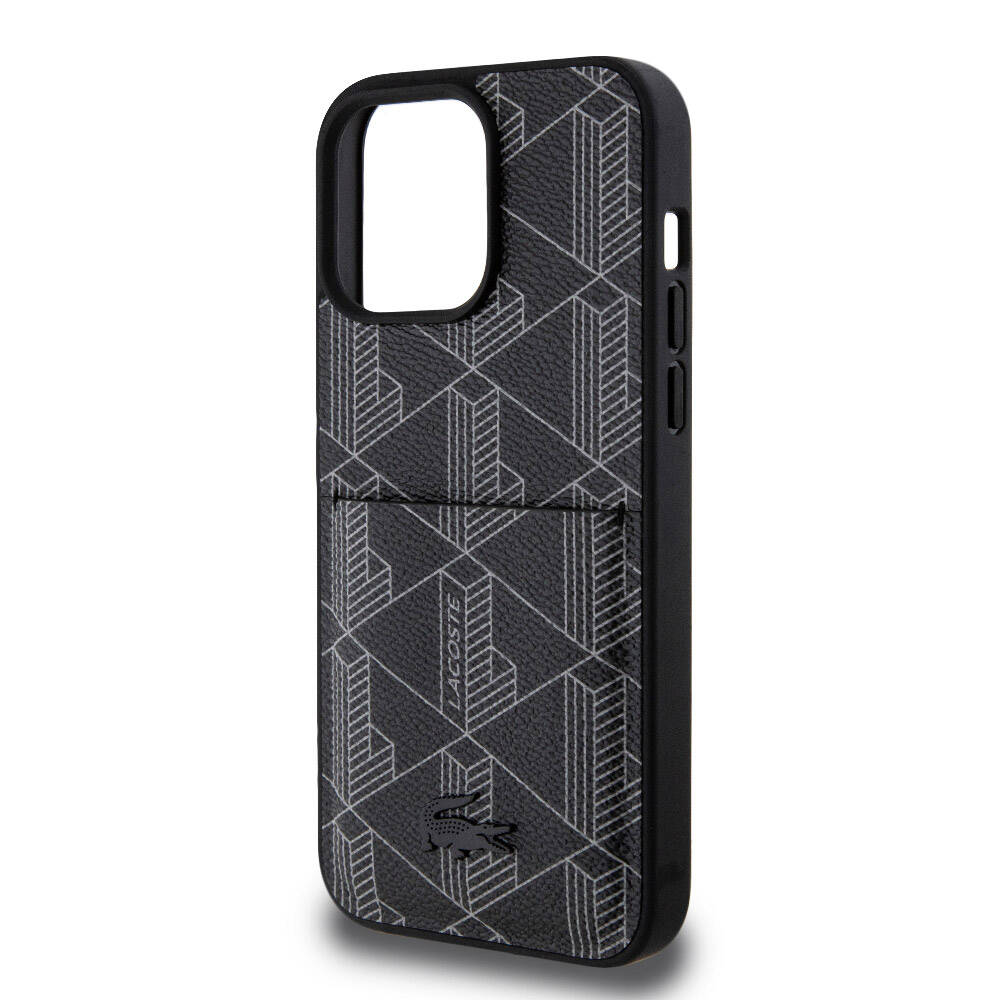 iPhone 15 Pro Max Kılıf Lacoste orijinal Lisanslı M-safe Şarj Özellikli PU Deri Görünümlü Kartlıklı Karışık Monogram Desenli Kılıf