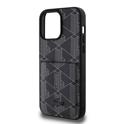iPhone 15 Pro Max Kılıf Lacoste orijinal Lisanslı M-safe Şarj Özellikli PU Deri Görünümlü Kartlıklı Karışık Monogram Desenli Kılıf