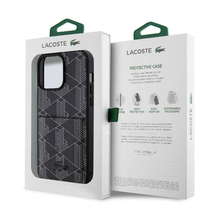 iPhone 15 Pro Max Kılıf Lacoste orijinal Lisanslı M-safe Şarj Özellikli PU Deri Görünümlü Kartlıklı Karışık Monogram Desenli Kılıf