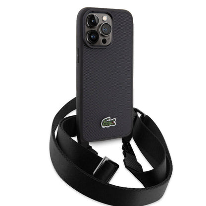 iPhone 15 Pro Max Kılıf Lacoste orijinal Lisanslı PU Pike Desenli Arka Yüzey Askılı İkonik Timsah Dokuma Logolu Kılıf