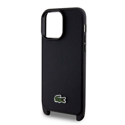 iPhone 15 Pro Max Kılıf Lacoste orijinal Lisanslı PU Pike Desenli Arka Yüzey Askılı İkonik Timsah Dokuma Logolu Kılıf