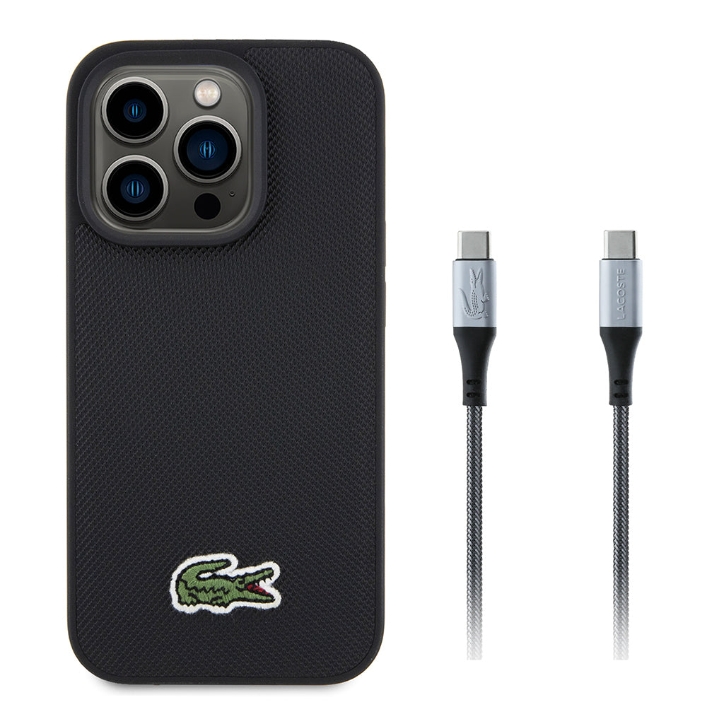 iPhone 15 Pro Max Kılıf Lacoste orijinal Lisanslı PU Pike Desenli Arka Yüzey İkonik Timsah Dokuma Logolu Kılıf + Type-C Kablo 1.5m