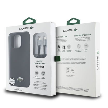 iPhone 15 Pro Max Kılıf Lacoste orijinal Lisanslı PU Pike Desenli Arka Yüzey İkonik Timsah Dokuma Logolu Kılıf + Type-C Kablo 1.5m