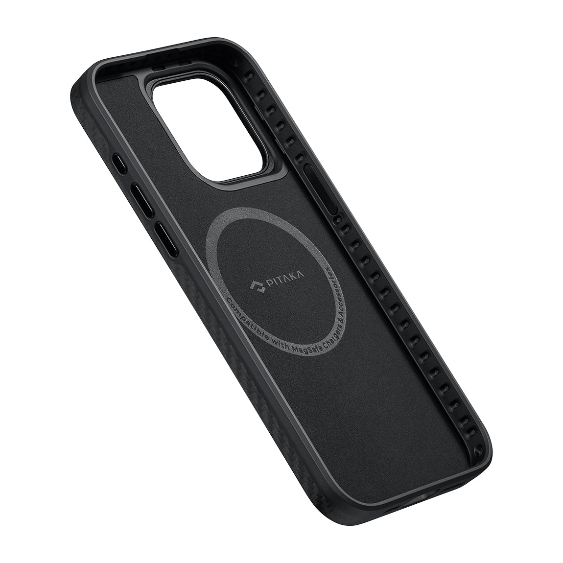 iPhone 15 Pro Max Kılıf M-safe Şarj Özellikli 1500D Aramid Fiber Pitaka Military-Grade Classic Serisi Black-Grey Twill Kılıf