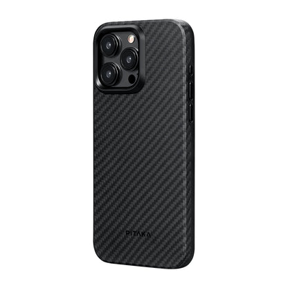 iPhone 15 Pro Max Kılıf M-safe Şarj Özellikli 1500D Aramid Fiber Pitaka Military-Grade Classic Serisi Black-Grey Twill Kılıf