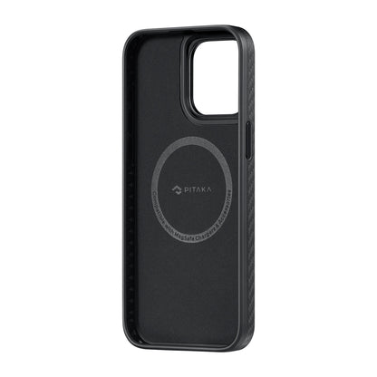iPhone 15 Pro Max Kılıf M-safe Şarj Özellikli 1500D Aramid Fiber Pitaka Military-Grade Classic Serisi Black-Grey Twill Kılıf