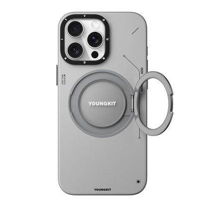 iPhone 15 Pro Max Kılıf M-safe Şarj Özellikli 360° Standlı Basit Mat Deri Desenli Youngkit Tech Leather Serisi Kılıf