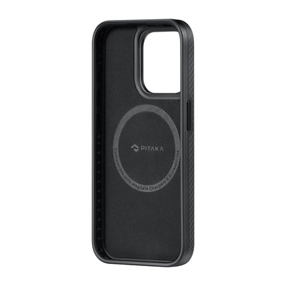 iPhone 15 Pro Max Kılıf M-safe Şarj Özellikli 600D Aramid Fiber Pitaka Military-Grade Classic Serisi Black-Grey Twill Kılıf