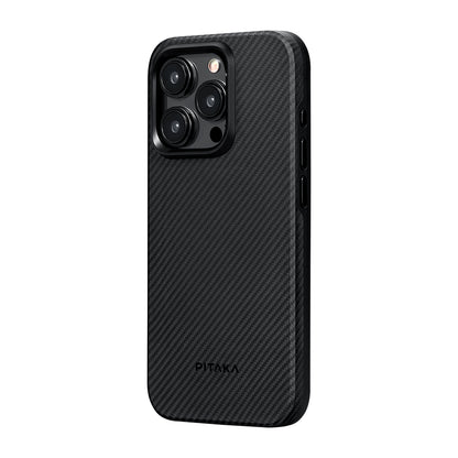 iPhone 15 Pro Max Kılıf M-safe Şarj Özellikli 600D Aramid Karbon Fiber Pitaka Military-Grade Classic Serisi Black-Grey Twill Kılıf