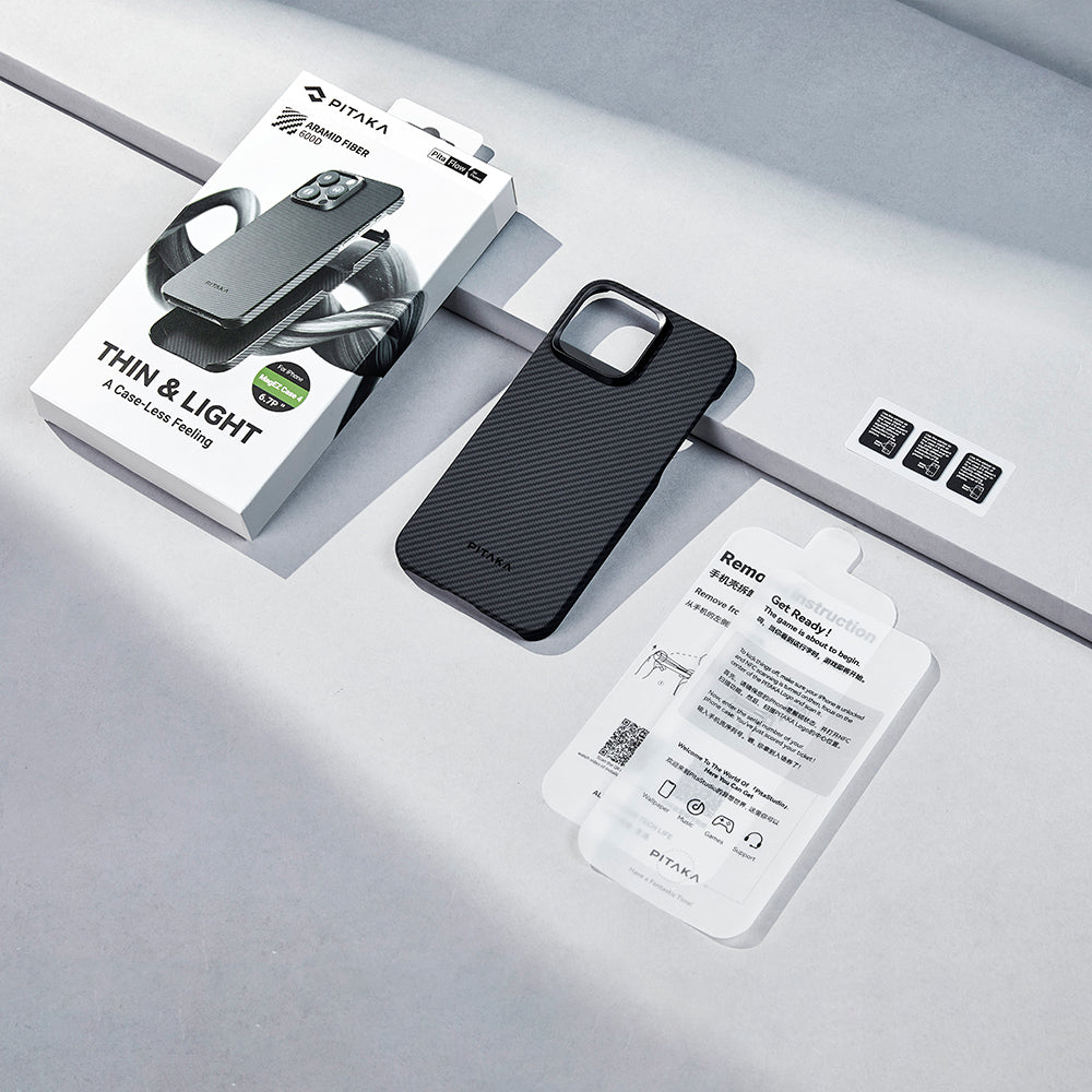 iPhone 15 Pro Max Kılıf M-safe Şarj Özellikli 600D Aramid Fiber Pitaka Ultra-Slim Classic Serisi Black-Grey Twill Kılıf