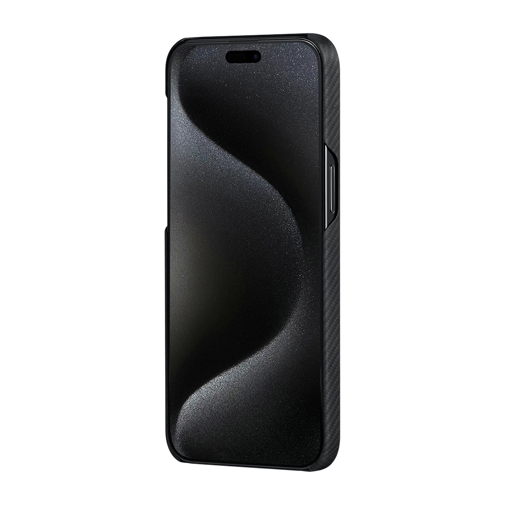 iPhone 15 Pro Max Kılıf M-safe Şarj Özellikli 600D Aramid Fiber Pitaka Ultra-Slim Classic Serisi Black-Grey Twill Kılıf