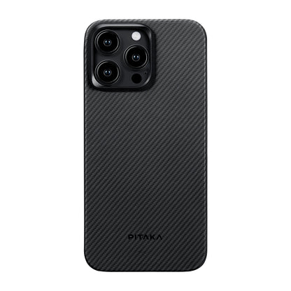 iPhone 15 Pro Max Kılıf M-safe Şarj Özellikli 600D Aramid Fiber Pitaka Ultra-Slim Classic Serisi Black-Grey Twill Kılıf