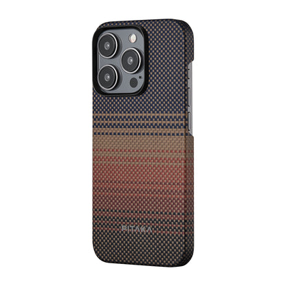 iPhone 15 Pro Max Kılıf M-safe Şarj Özellikli Aramid Fiber Pitaka Tactile Woven Sunset-Moonrise Serisi Sunset Kılıf