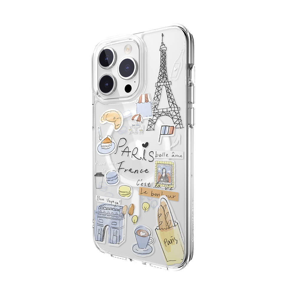 iPhone 15 Pro Max Kılıf M-safe Şarj Özellikli Çizim Desenli Şok Önleyicili Şeffaf Lisanslı Switcheasy City-M Paris Kılıf