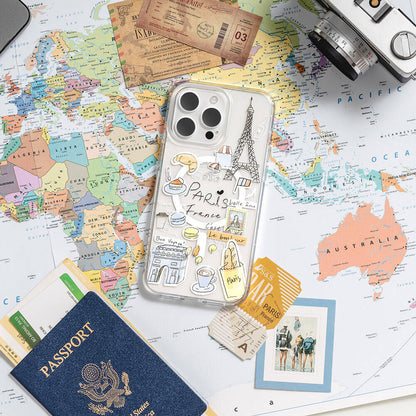 iPhone 15 Pro Max Kılıf M-safe Şarj Özellikli Çizim Desenli Şok Önleyicili Şeffaf Lisanslı Switcheasy City-M Paris Kılıf