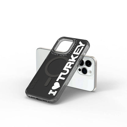 iPhone 15 Pro Max Kılıf M-safe Şarj Özellikli I Love Turkey Yazı Desenli Wiwu Turkey E Serisi Kılıf