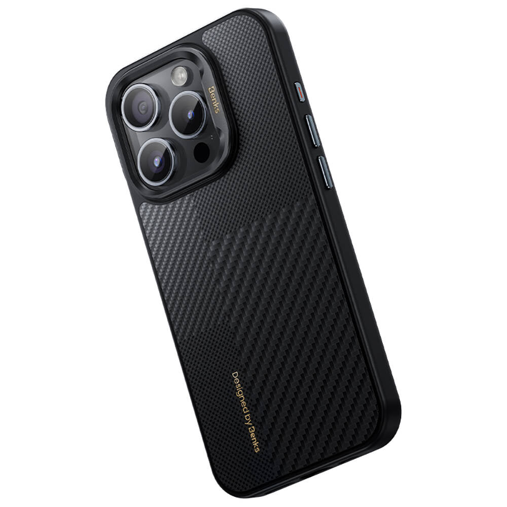 iPhone 15 Pro Max Kılıf M-safe Şarj Özellikli Karbon Fiber Benks Montage Hybrid ArmorPro Kevlar Kılıf