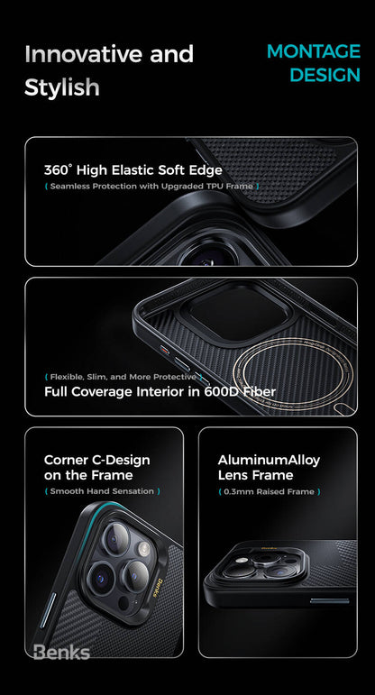 iPhone 15 Pro Max Kılıf M-safe Şarj Özellikli Karbon Fiber Benks Montage Hybrid ArmorPro Kevlar Kılıf