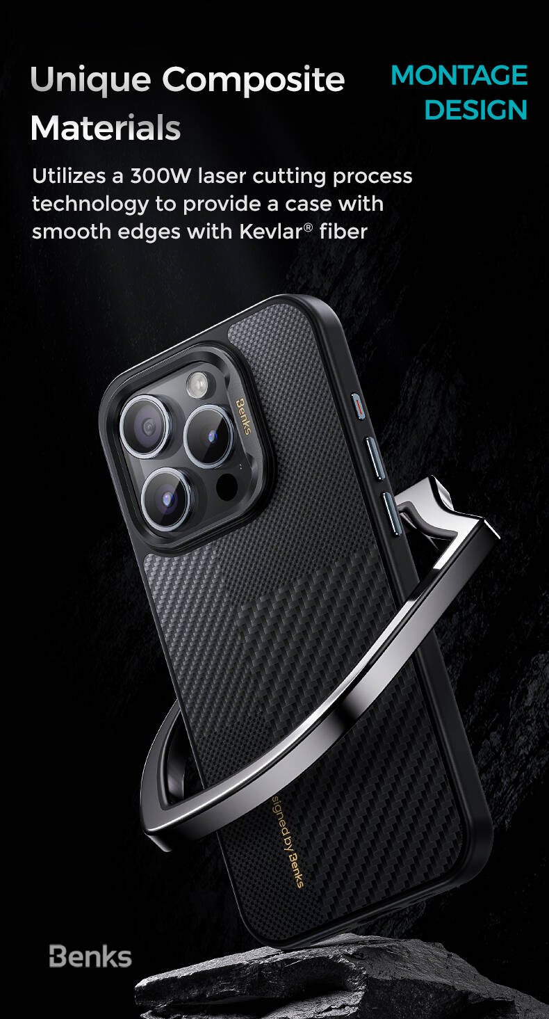iPhone 15 Pro Max Kılıf M-safe Şarj Özellikli Karbon Fiber Benks Montage Hybrid ArmorPro Kevlar Kılıf