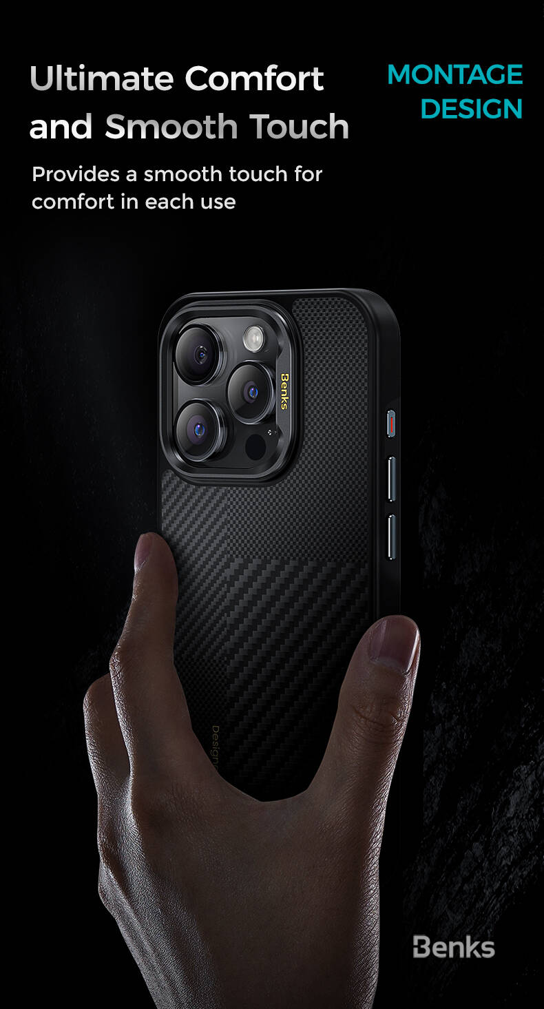 iPhone 15 Pro Max Kılıf M-safe Şarj Özellikli Karbon Fiber Benks Montage Hybrid ArmorPro Kevlar Kılıf