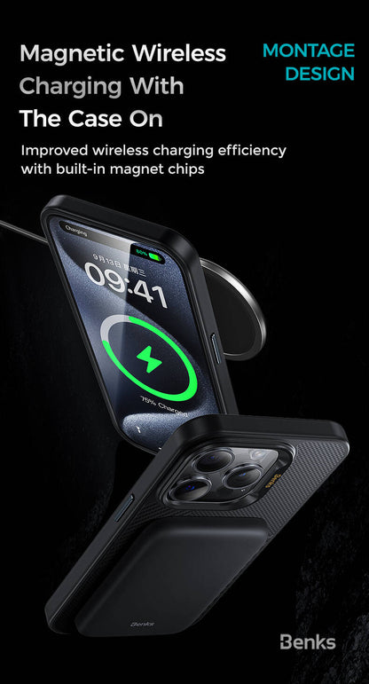 iPhone 15 Pro Max Kılıf M-safe Şarj Özellikli Karbon Fiber Benks Montage Hybrid ArmorPro Kevlar Kılıf