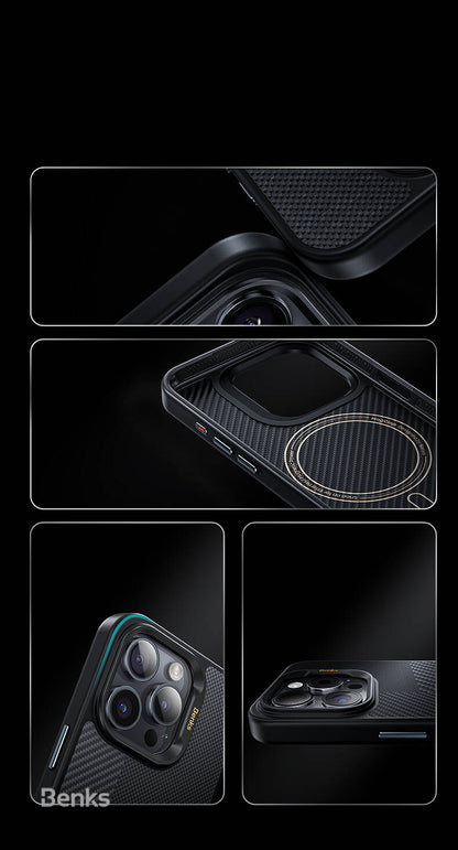 iPhone 15 Pro Max Kılıf M-safe Şarj Özellikli Karbon Fiber Benks Montage Hybrid ArmorPro Kevlar Kılıf