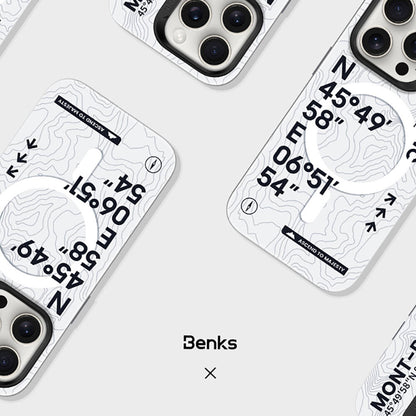 iPhone 15 Pro Max Kılıf M-safe Şarj Özellikli Koordinat Yazı Desenli Benks Summit Serisi Kılıf