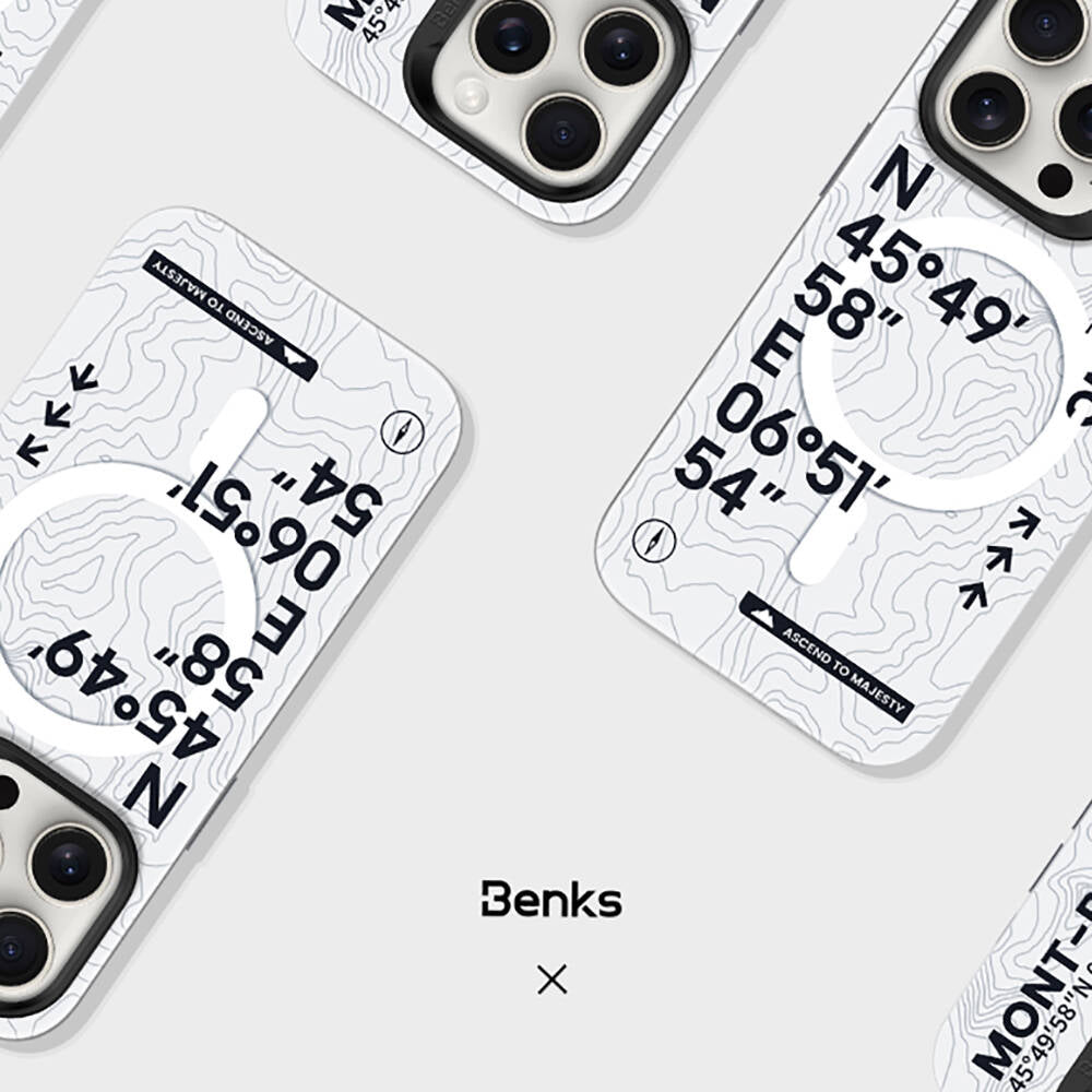 iPhone 15 Pro Max Kılıf M-safe Şarj Özellikli Koordinat Yazı Desenli Benks Summit Serisi Kılıf
