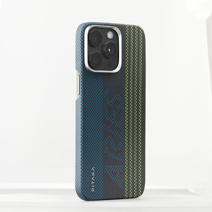 iPhone 15 Pro Max Kılıf M-safe Şarj Özellikli Lumintex Teknolojili Fosforlu Aramid Fiber Pitaka Tactile Woven Aries Serisi Kılıf