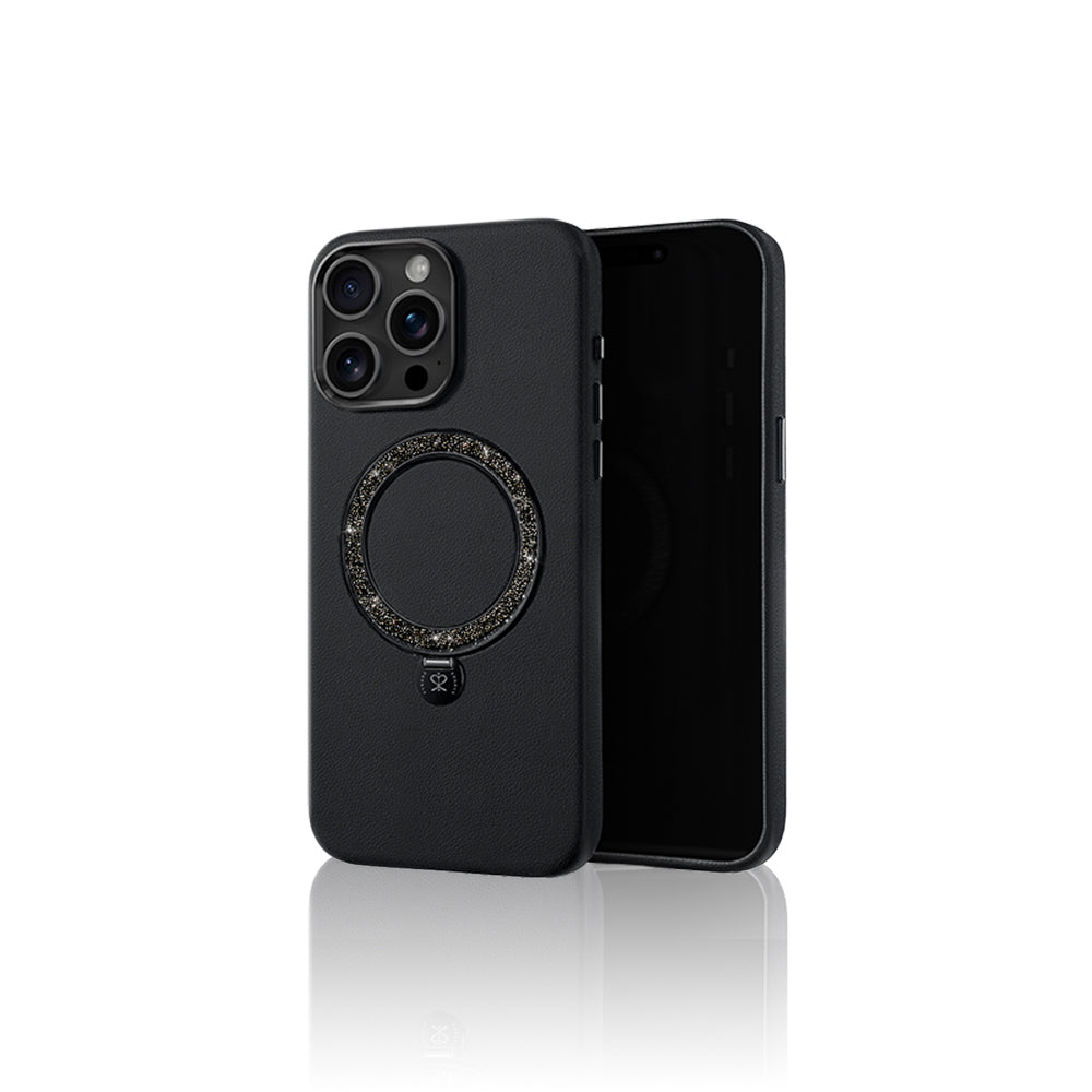 iPhone 15 Pro Max Kılıf M-safe Şarj Özellikli Standlı Suni Deri Tasarımlı Pynana Dancing Circle Serisi Kılıf