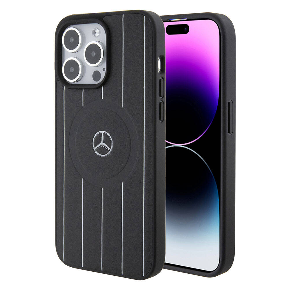 iPhone 15 Pro Max Kılıf Mercedes Benz orijinal Lisanslı M-safe Şarj Özellikli Baskı Logolu Paralel Çizgi Desenli Deri Kılıf