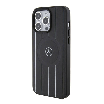 iPhone 15 Pro Max Kılıf Mercedes Benz orijinal Lisanslı M-safe Şarj Özellikli Baskı Logolu Paralel Çizgi Desenli Deri Kılıf