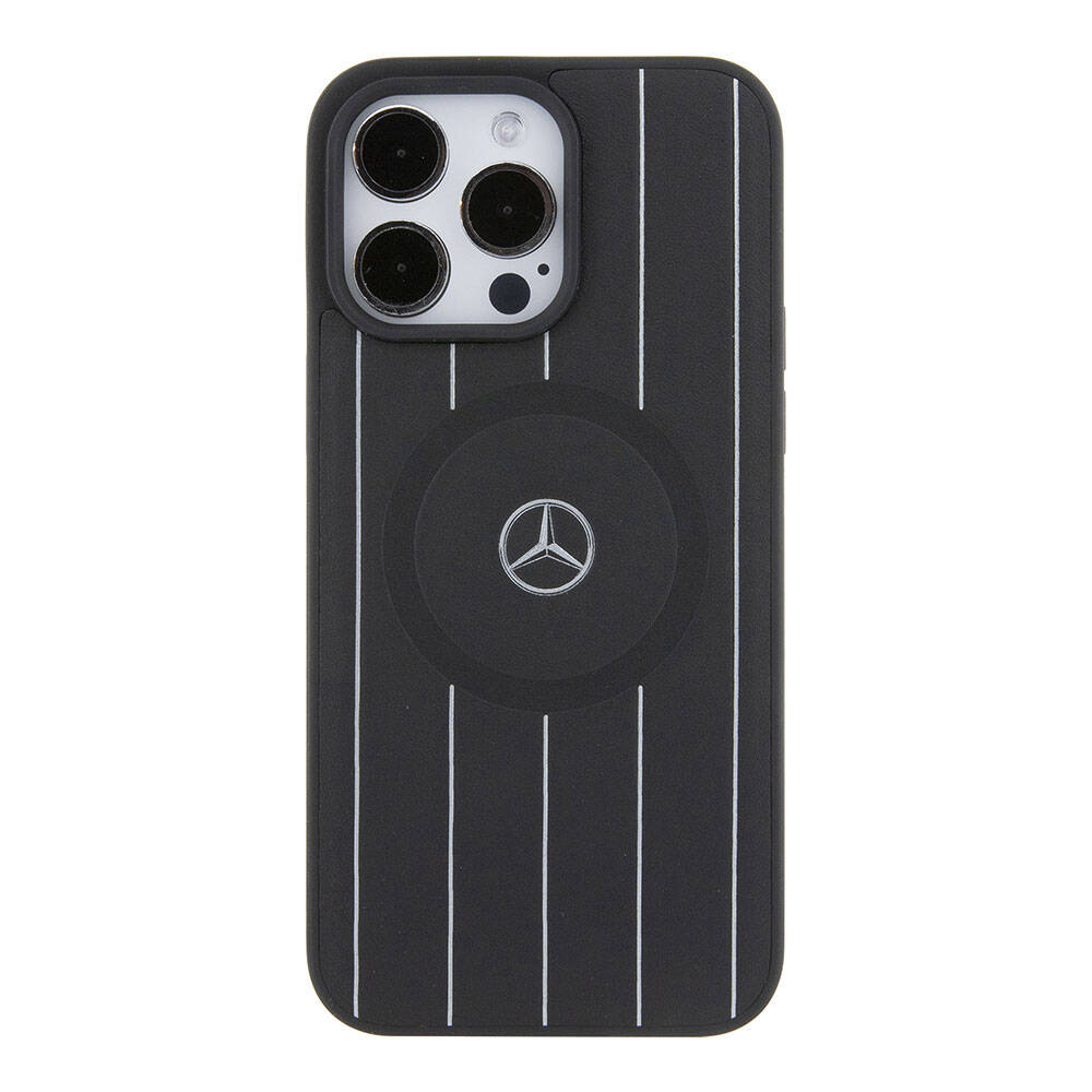 iPhone 15 Pro Max Kılıf Mercedes Benz orijinal Lisanslı M-safe Şarj Özellikli Baskı Logolu Paralel Çizgi Desenli Deri Kılıf