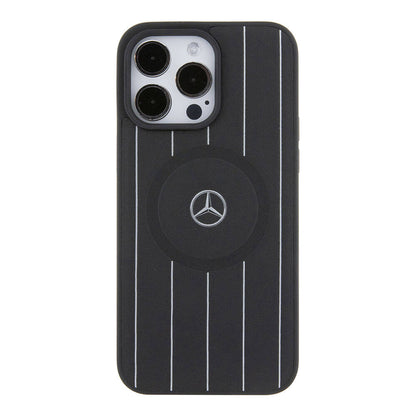 iPhone 15 Pro Max Kılıf Mercedes Benz orijinal Lisanslı M-safe Şarj Özellikli Baskı Logolu Paralel Çizgi Desenli Deri Kılıf