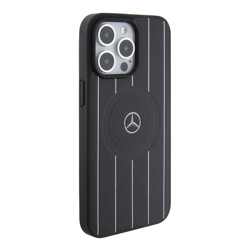 iPhone 15 Pro Max Kılıf Mercedes Benz orijinal Lisanslı M-safe Şarj Özellikli Baskı Logolu Paralel Çizgi Desenli Deri Kılıf
