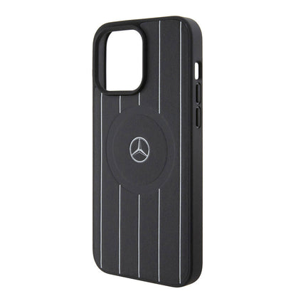 iPhone 15 Pro Max Kılıf Mercedes Benz orijinal Lisanslı M-safe Şarj Özellikli Baskı Logolu Paralel Çizgi Desenli Deri Kılıf