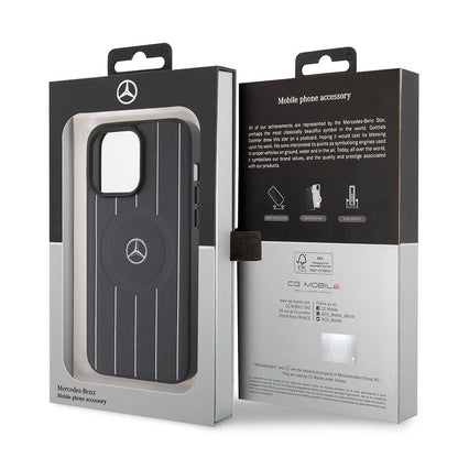 iPhone 15 Pro Max Kılıf Mercedes Benz orijinal Lisanslı M-safe Şarj Özellikli Baskı Logolu Paralel Çizgi Desenli Deri Kılıf