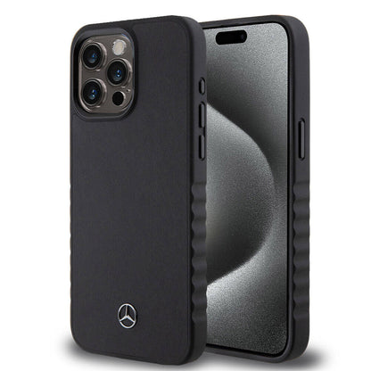 iPhone 15 Pro Max Kılıf Mercedes Benz orijinal Lisanslı Tırtıklı Kenar Tasarımlı Metal Yıldız Logolu Pürüzsüz Hakiki Deri Kılıf