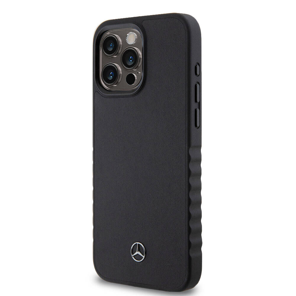 iPhone 15 Pro Max Kılıf Mercedes Benz orijinal Lisanslı Tırtıklı Kenar Tasarımlı Metal Yıldız Logolu Pürüzsüz Hakiki Deri Kılıf