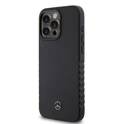 iPhone 15 Pro Max Kılıf Mercedes Benz orijinal Lisanslı Tırtıklı Kenar Tasarımlı Metal Yıldız Logolu Pürüzsüz Hakiki Deri Kılıf