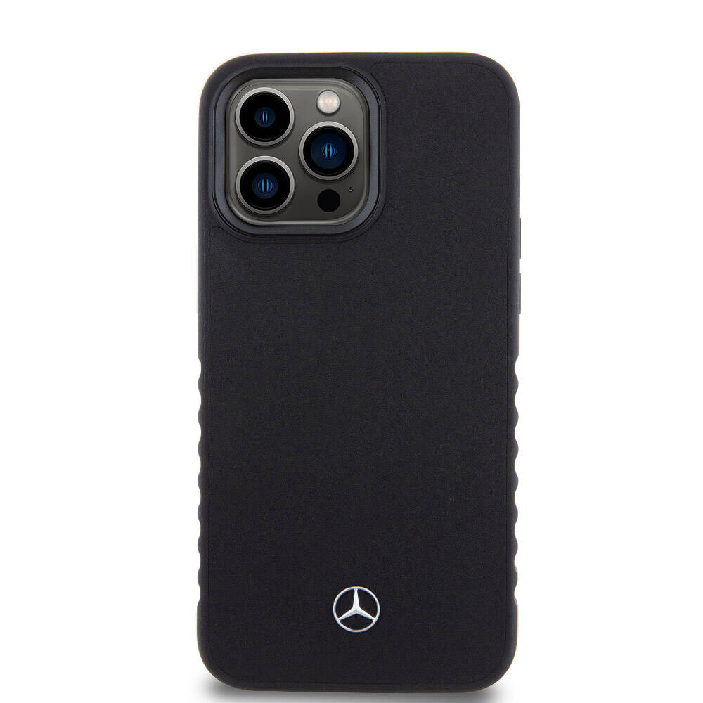 iPhone 15 Pro Max Kılıf Mercedes Benz orijinal Lisanslı Tırtıklı Kenar Tasarımlı Metal Yıldız Logolu Pürüzsüz Hakiki Deri Kılıf