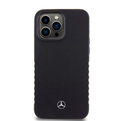 iPhone 15 Pro Max Kılıf Mercedes Benz orijinal Lisanslı Tırtıklı Kenar Tasarımlı Metal Yıldız Logolu Pürüzsüz Hakiki Deri Kılıf