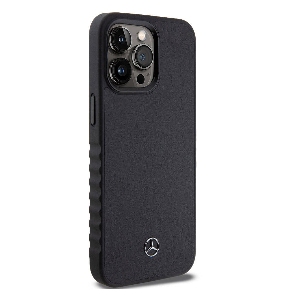 iPhone 15 Pro Max Kılıf Mercedes Benz orijinal Lisanslı Tırtıklı Kenar Tasarımlı Metal Yıldız Logolu Pürüzsüz Hakiki Deri Kılıf