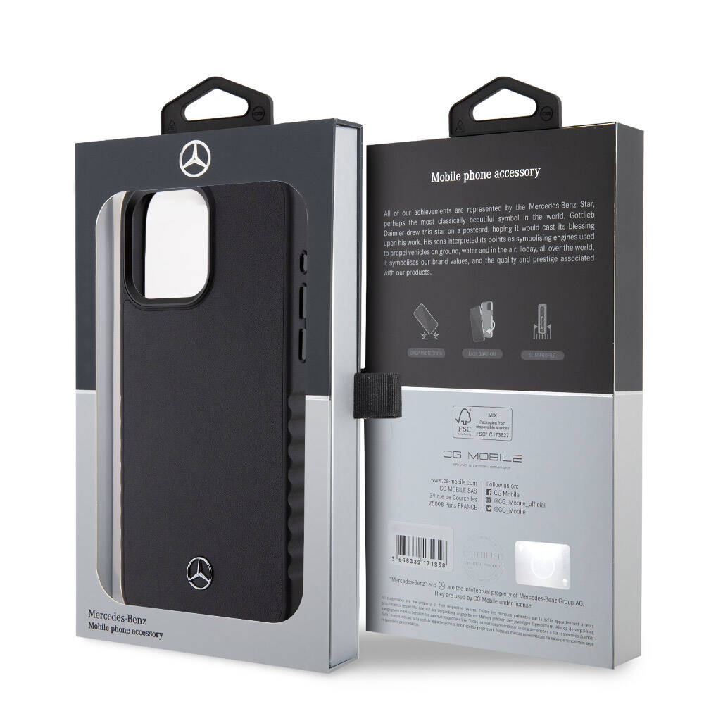 iPhone 15 Pro Max Kılıf Mercedes Benz orijinal Lisanslı Tırtıklı Kenar Tasarımlı Metal Yıldız Logolu Pürüzsüz Hakiki Deri Kılıf