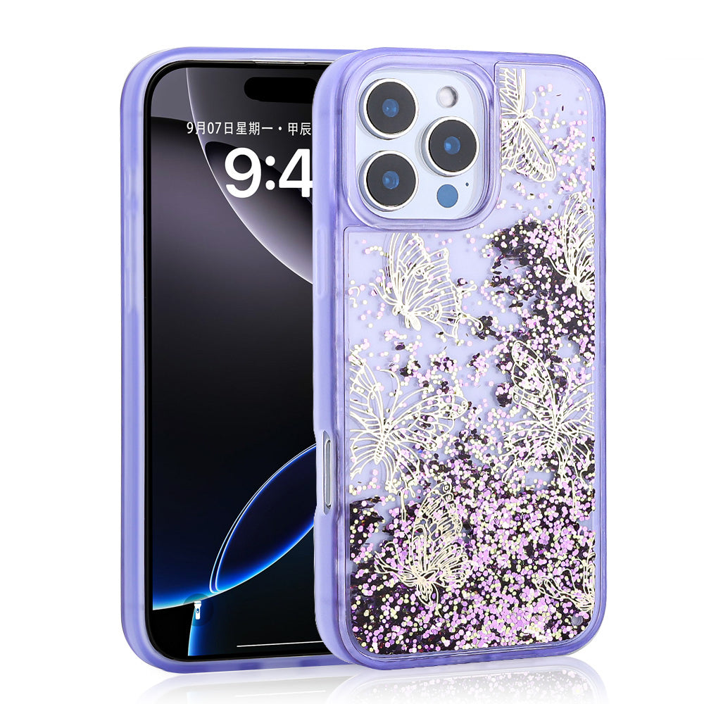 iPhone 15 Pro Max Kılıf Sıvılı Simli Kelebek Baskılı Şeffaf Arka Yüzey Zore Glis Silikon Kılıf