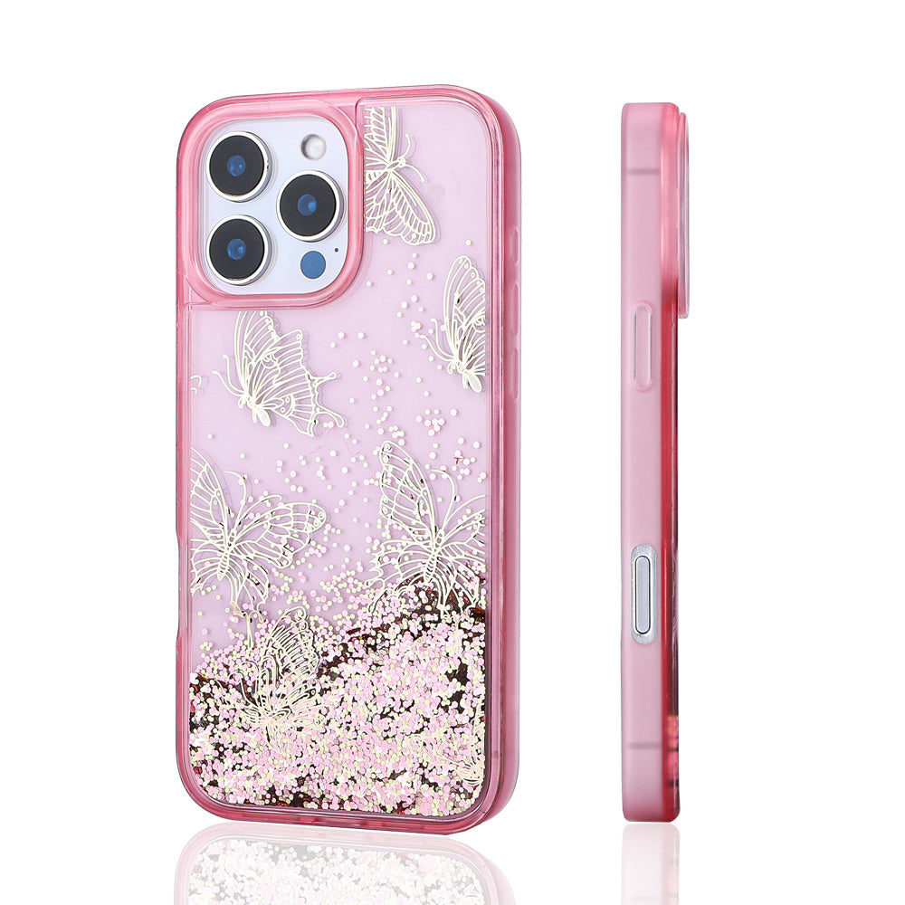 iPhone 15 Pro Max Kılıf Sıvılı Simli Kelebek Baskılı Şeffaf Arka Yüzey Zore Glis Silikon Kılıf