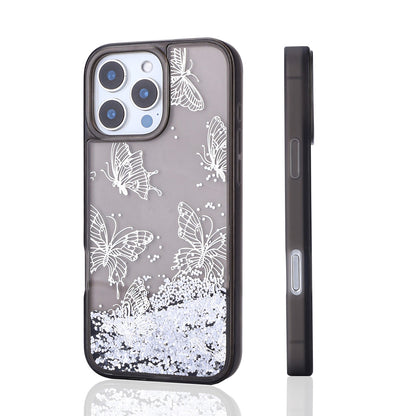 iPhone 15 Pro Max Kılıf Sıvılı Simli Kelebek Baskılı Şeffaf Arka Yüzey Zore Glis Silikon Kılıf