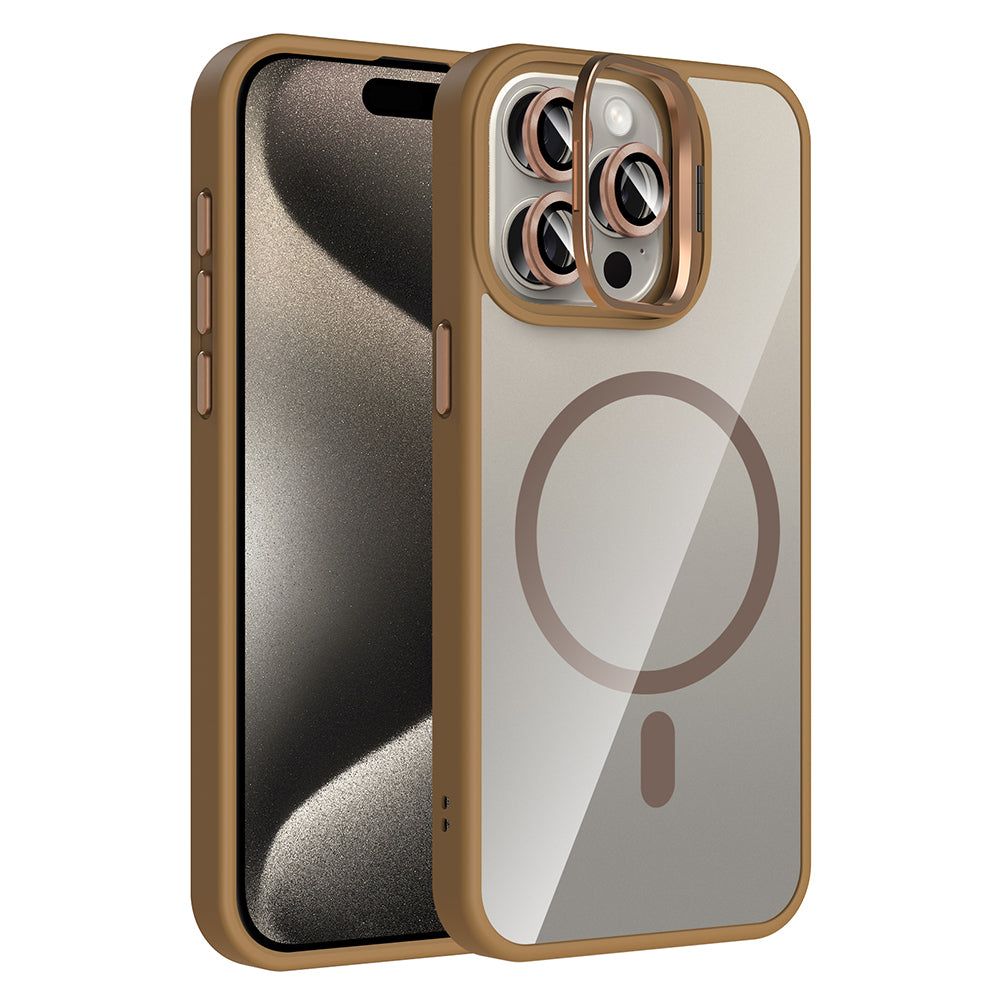 iPhone 15 Pro Max Kılıf Standlı ve Kamera Lens Hediyeli M-Safe Şarj Özellikli Zore Etro Kılıf